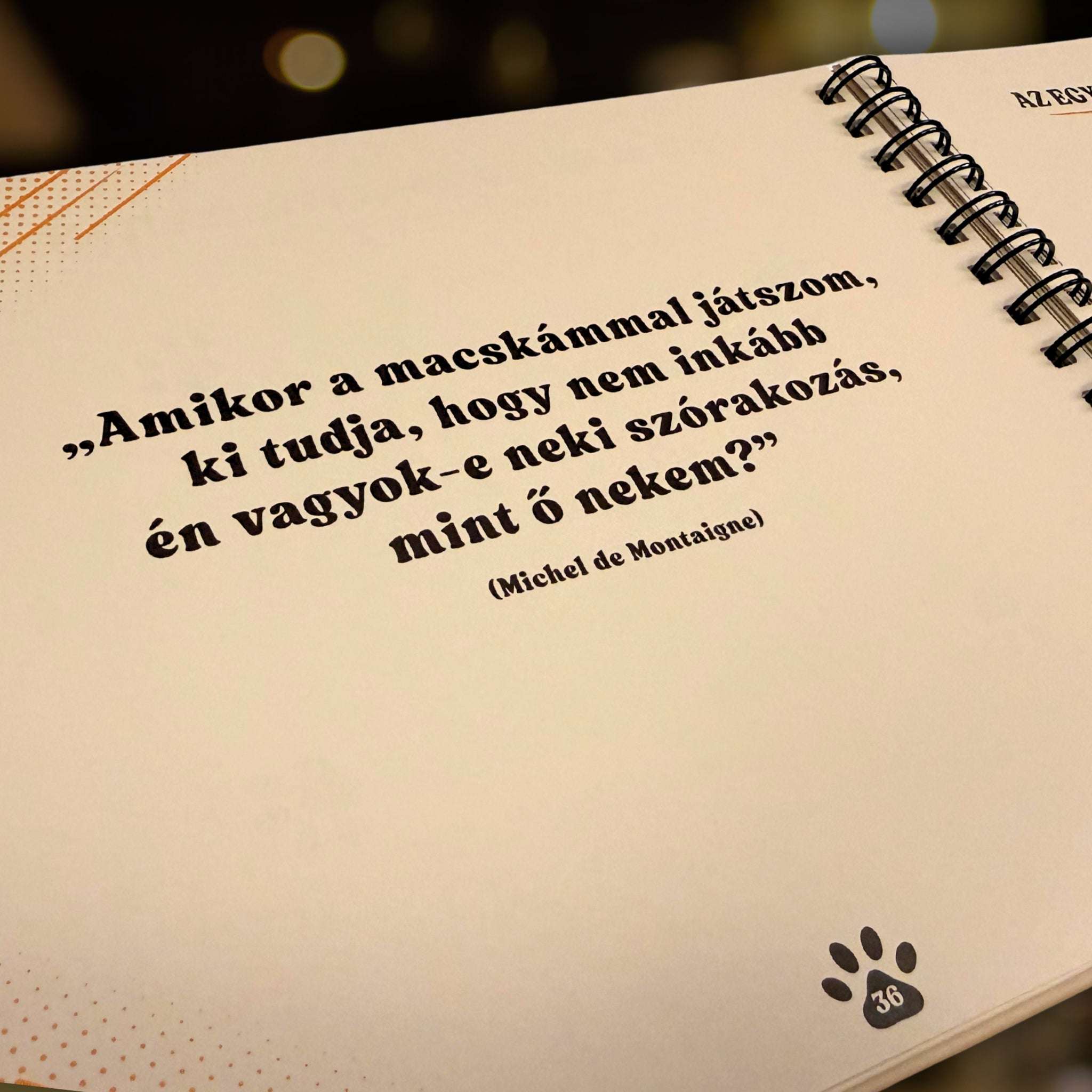 Cicanapló egyik, 36. belső oldala, benne egy idézettel a macskákról.