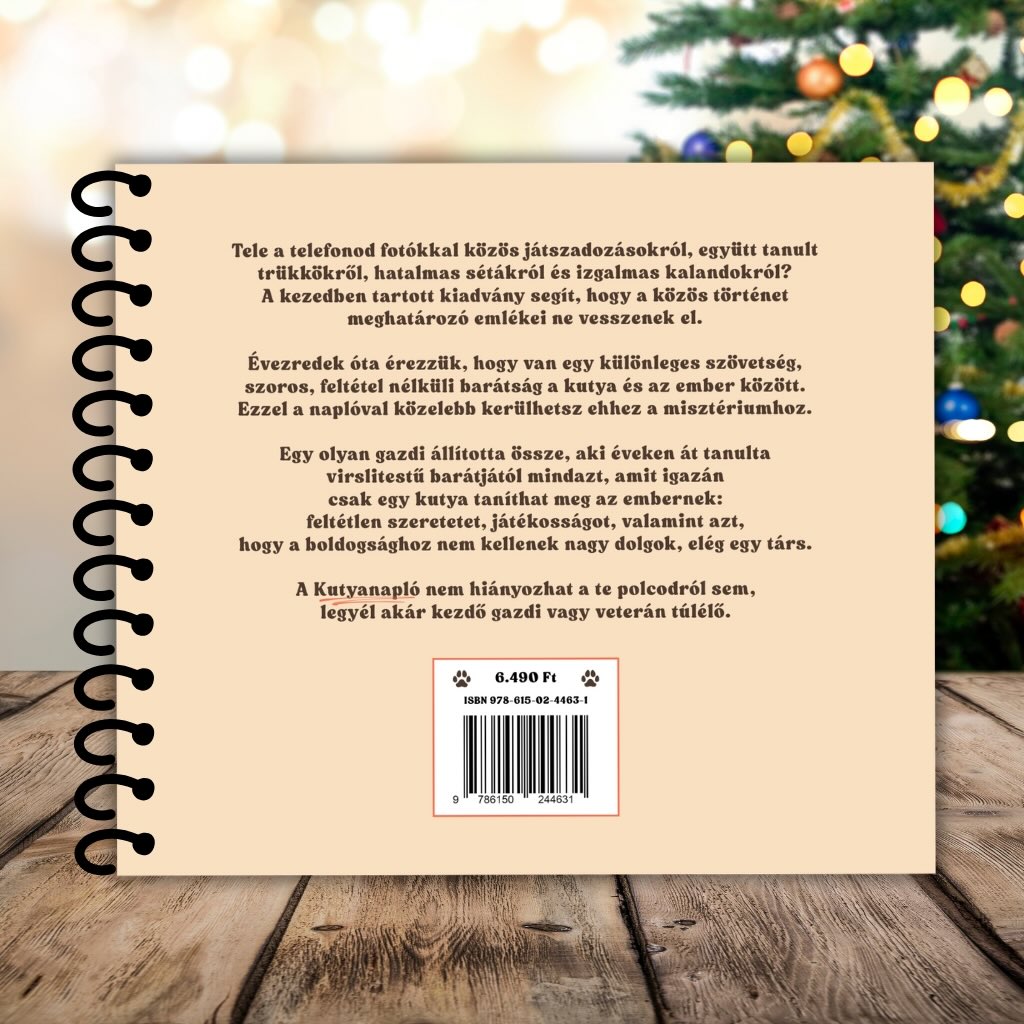Kutyanapló hátsó borítója, rajta az árral, vonalkóddal, valamint a napló leírásával. 